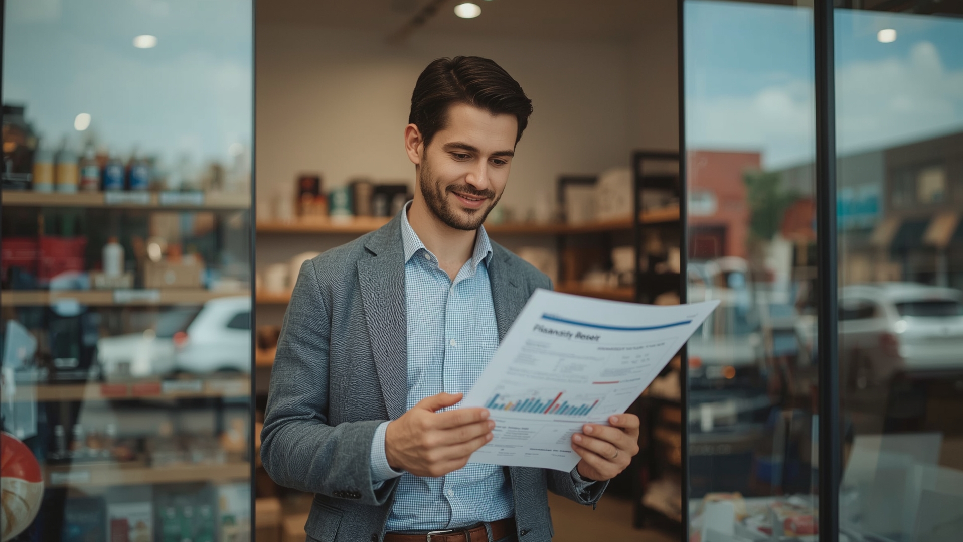 Confident small business owner reviewing financial improvement plan inside their local shop
