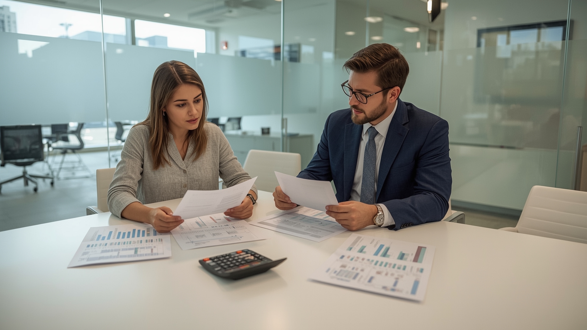 Loan officer reviewing small business loan application documents with a business owner
