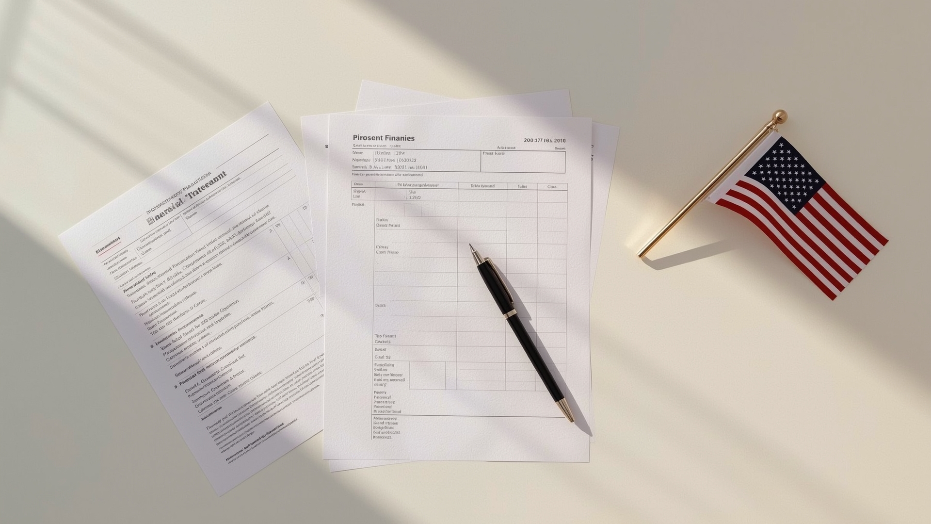 Overhead view of organized financial documents and paperwork for SBA 8a program application preparation in Texas