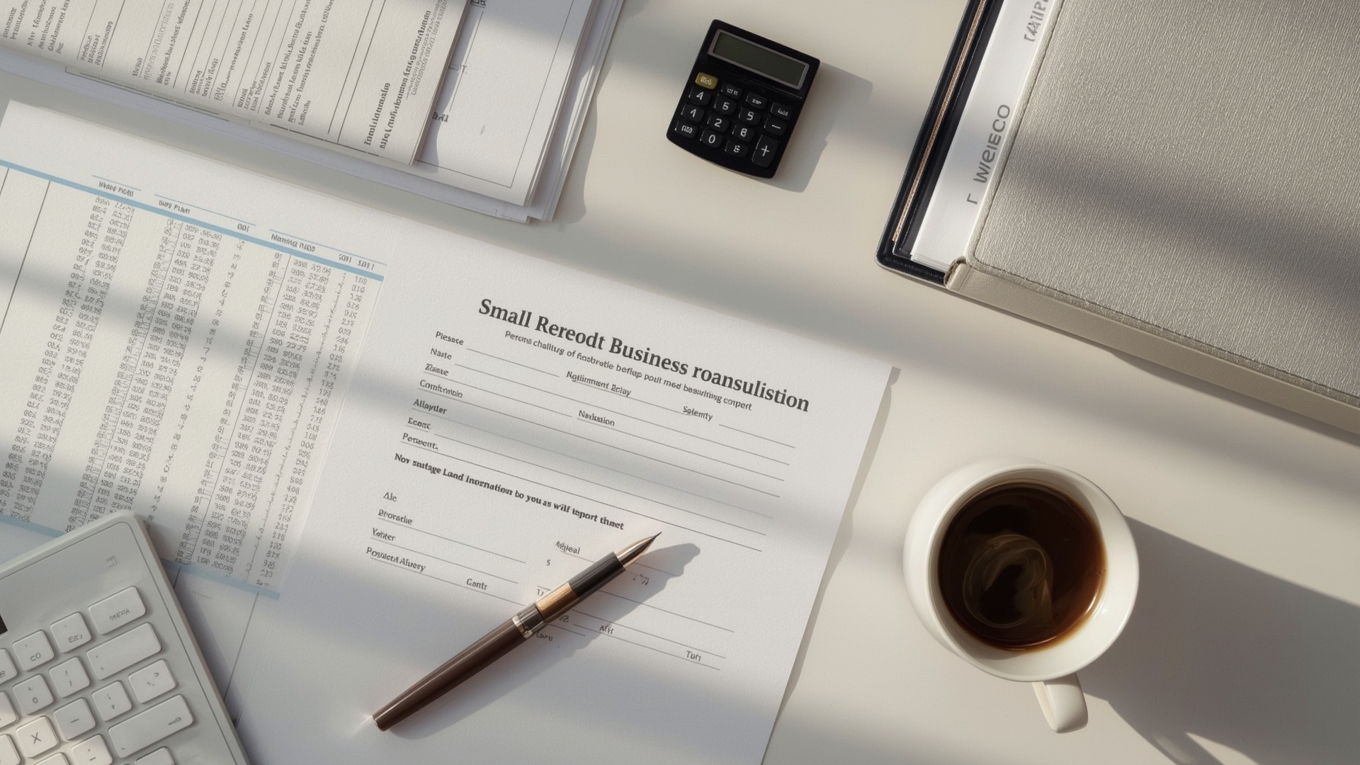 Overhead view of small business loan qualification documents organized on a desk