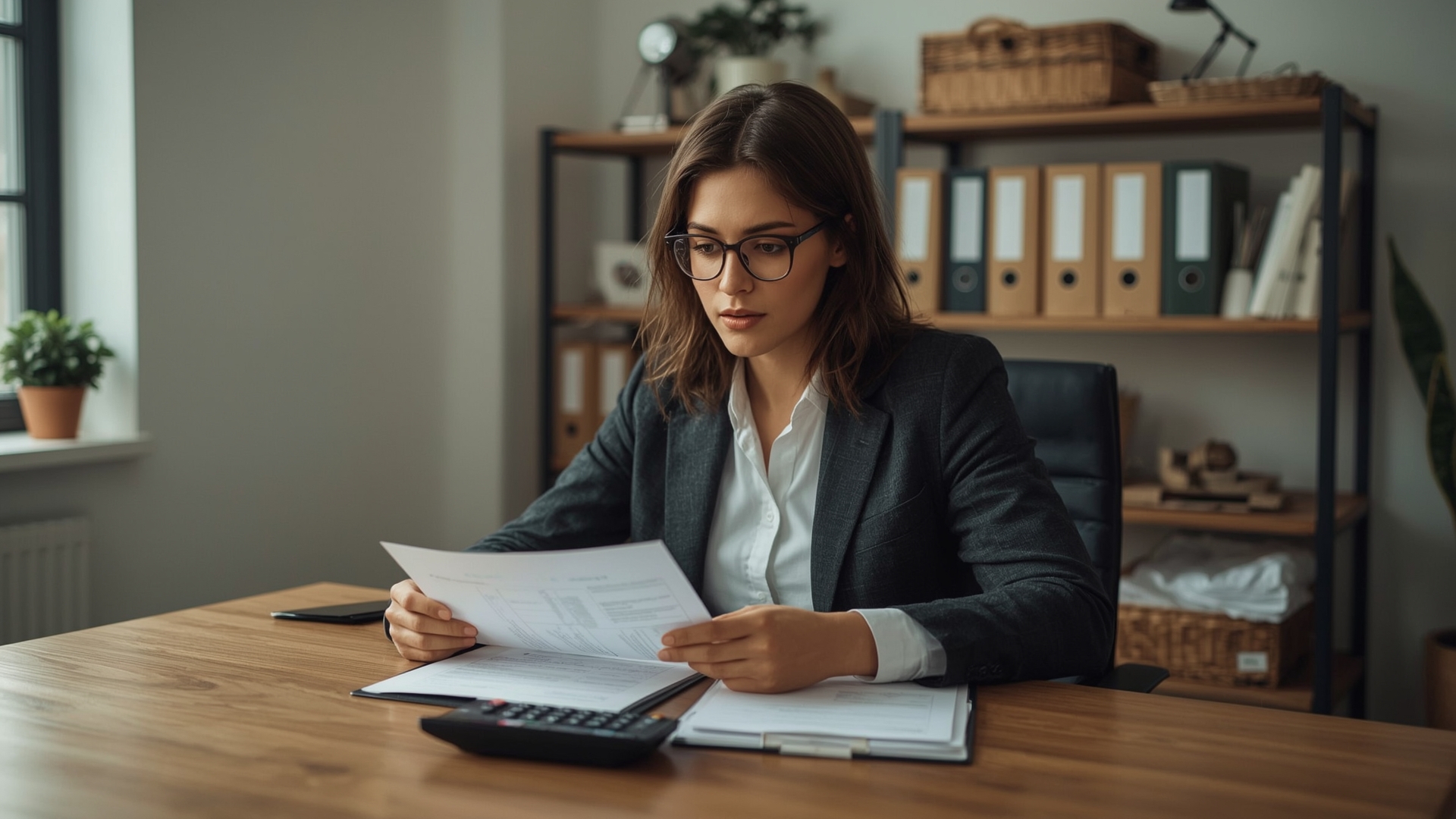Small business owner reviewing financial documents and calculating debt service coverage ratio at desk
