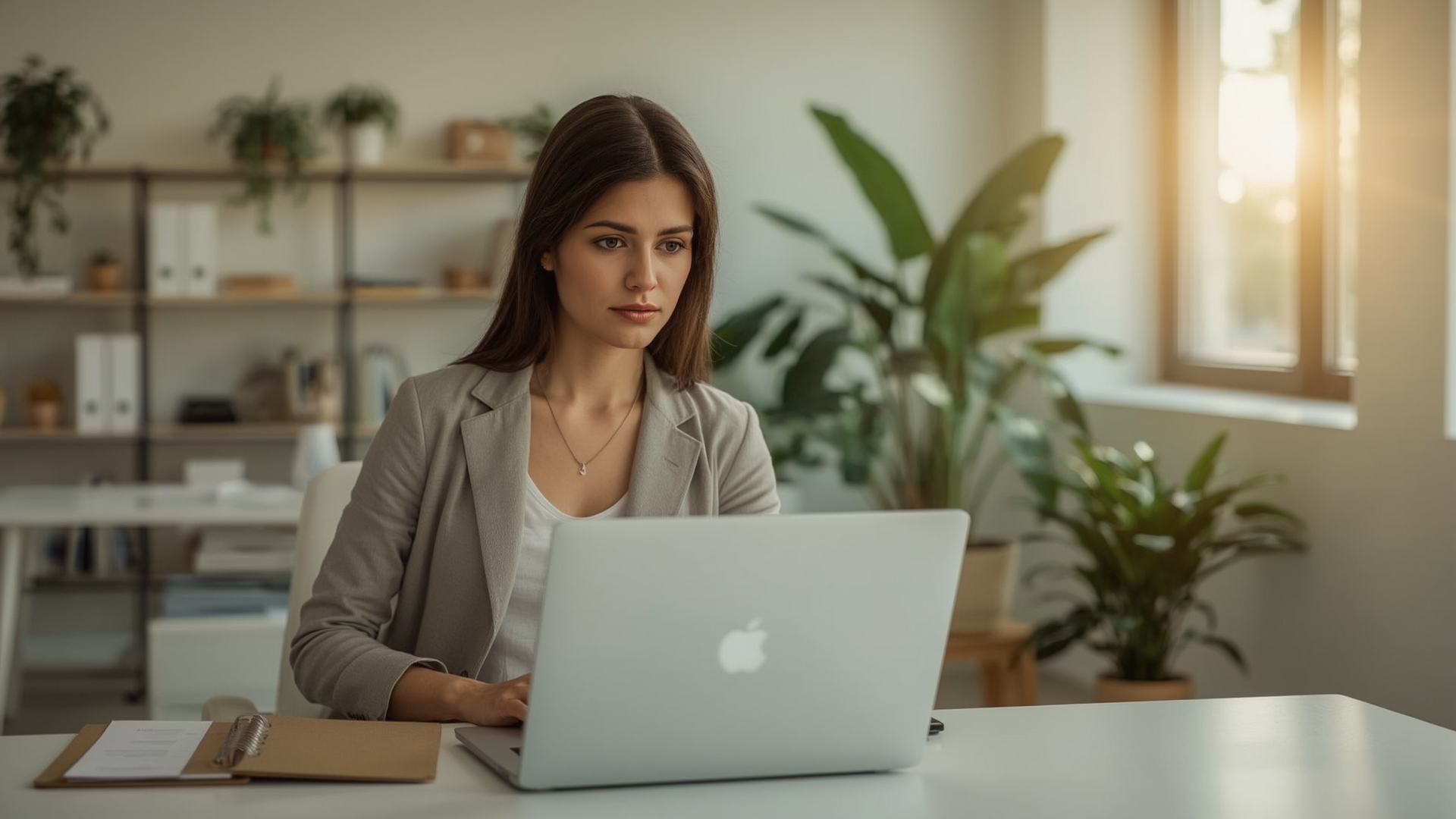 Small business owner sitting at desk reviewing documents to open a business checking account