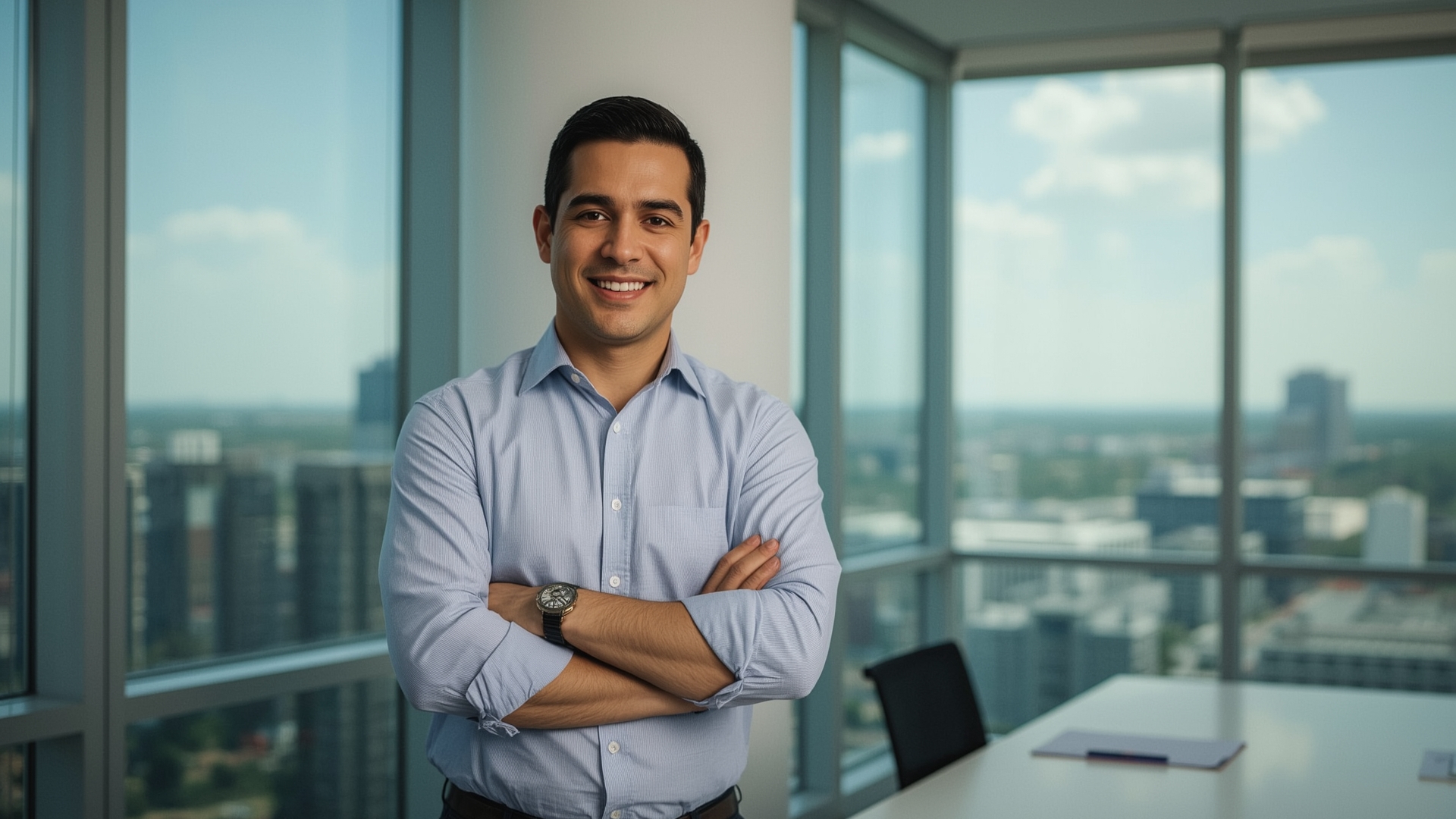 Texas small business owner standing confidently in modern office representing SBA 8a program benefits