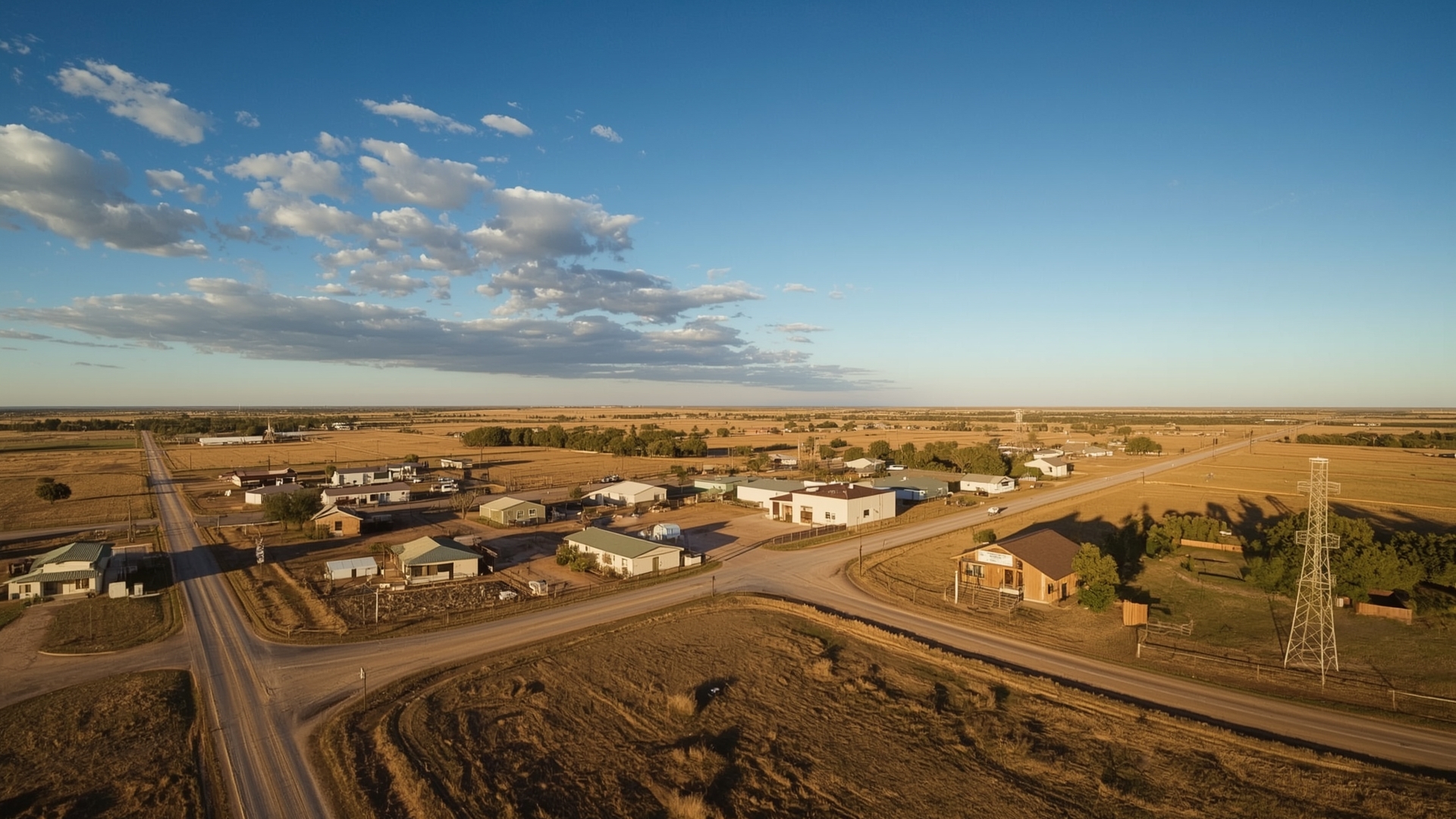 Aerial view of rural Texas HUBZone community with small businesses and open landscape