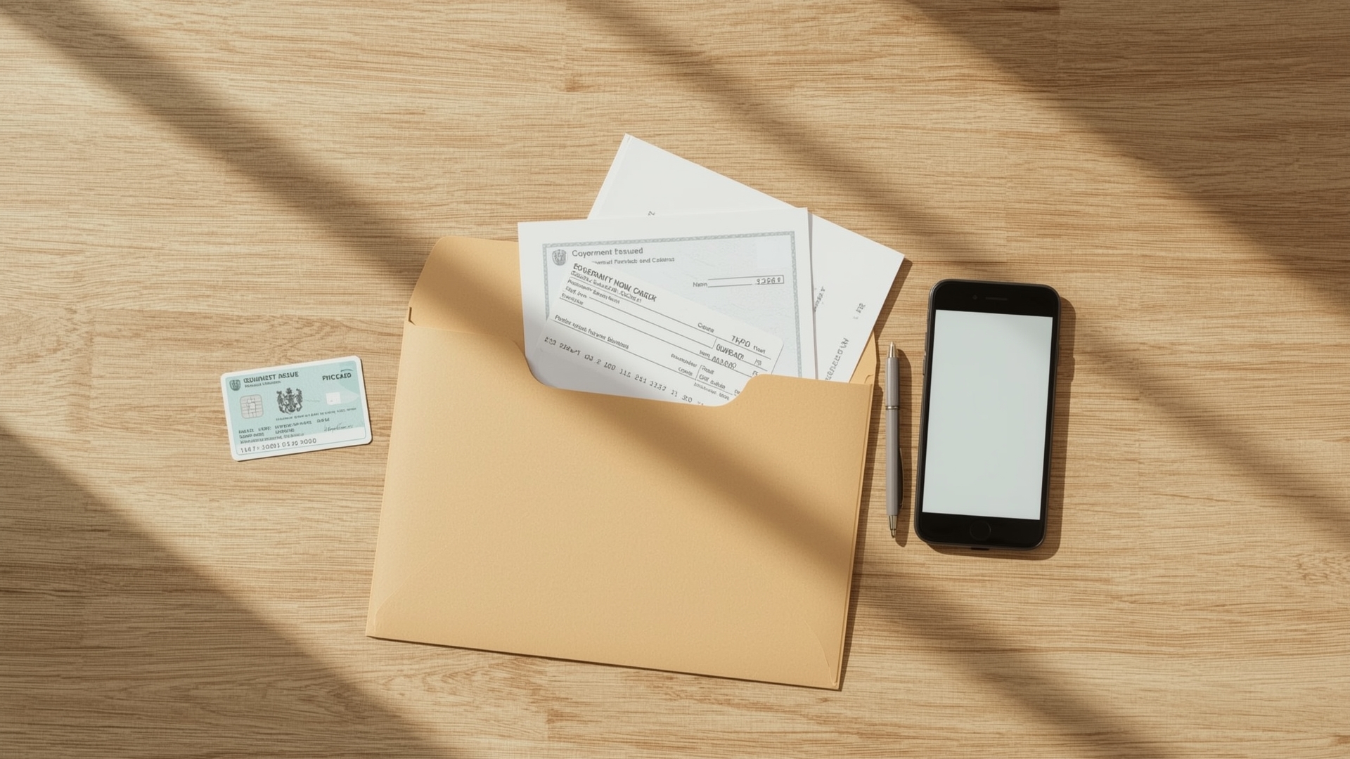 Business documents including ID, bank check, and folder needed for merchant account application setup