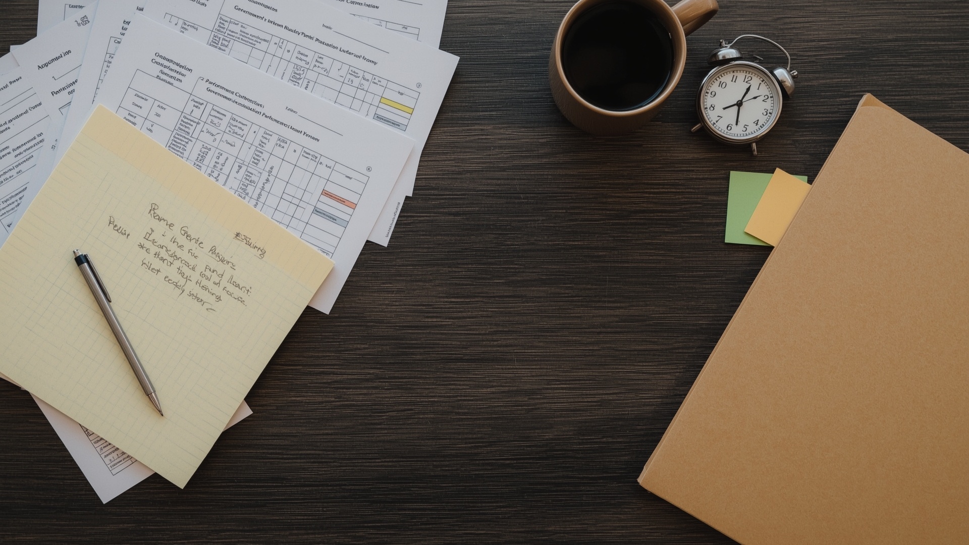 Federal contractor performance evaluation documents and planning materials laid out on office desk