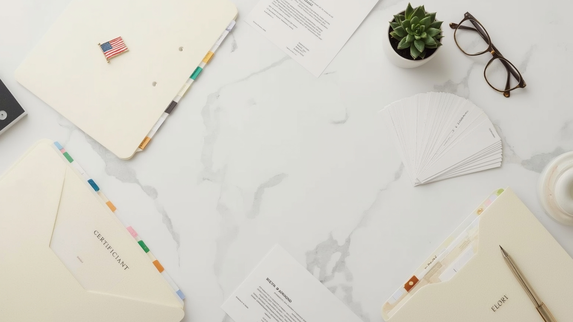 Organized WOSB certification application documents laid out on clean office desk overhead view