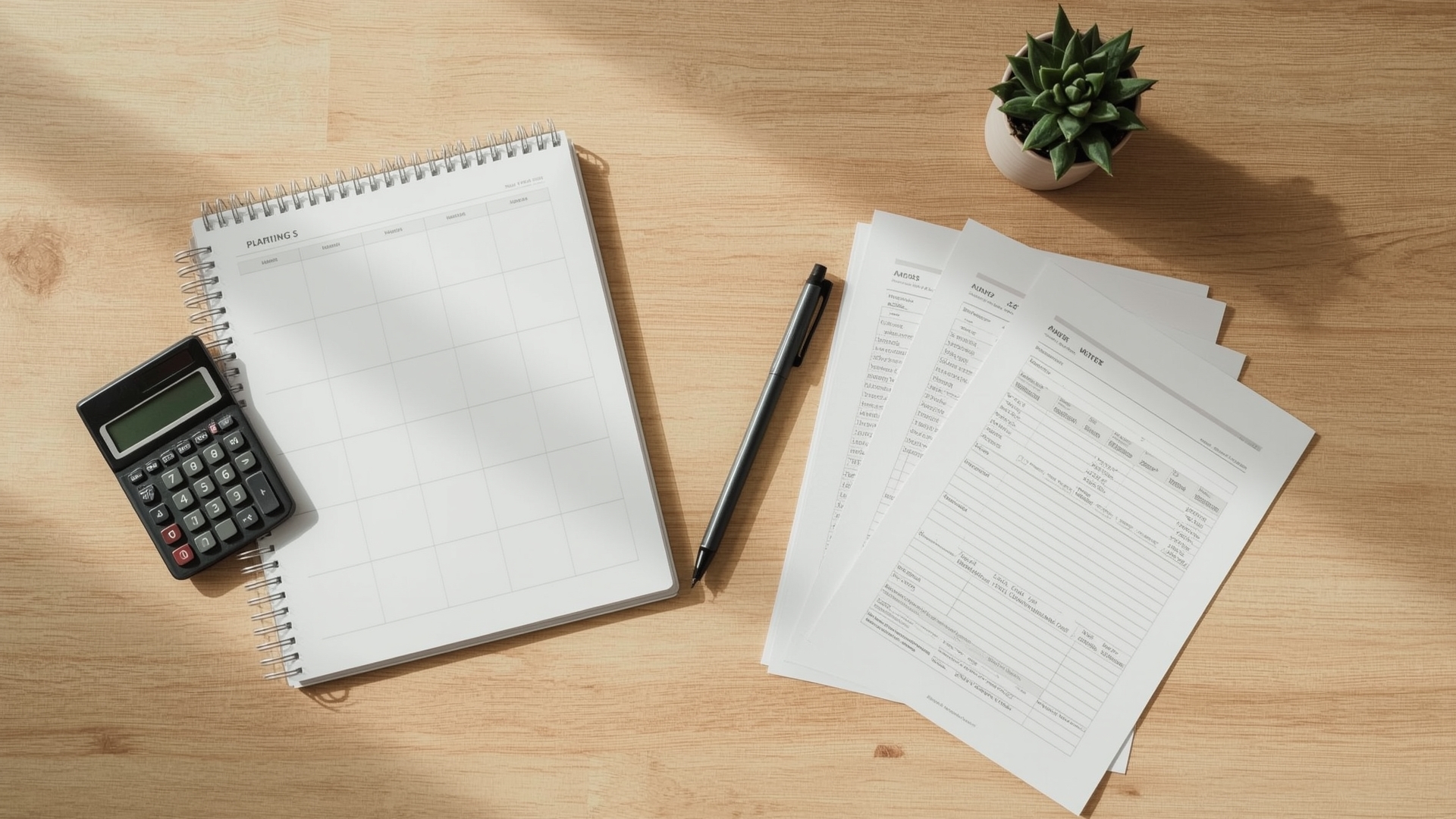 Overhead view of business cash flow forecasting workspace with planner and spreadsheets