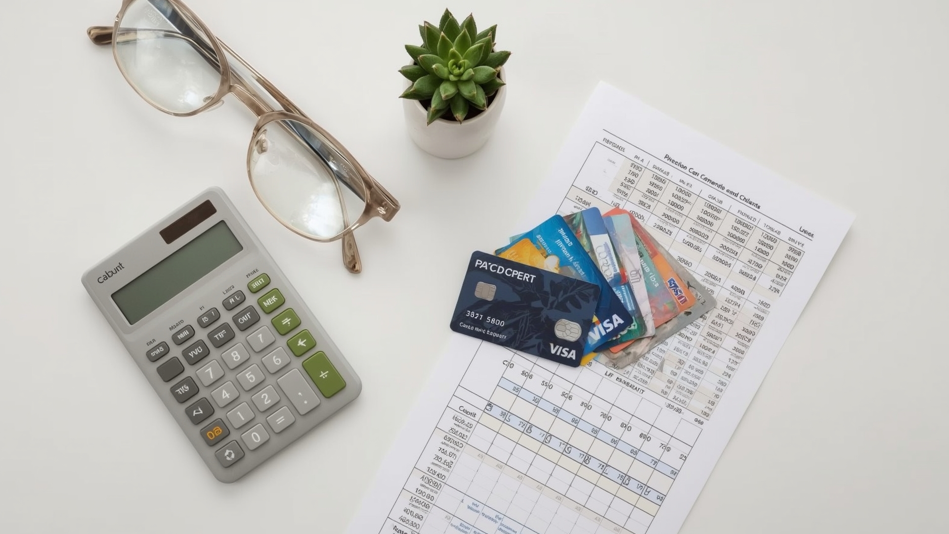 Overhead view of calculator, payment cards, and financial documents representing merchant services fees