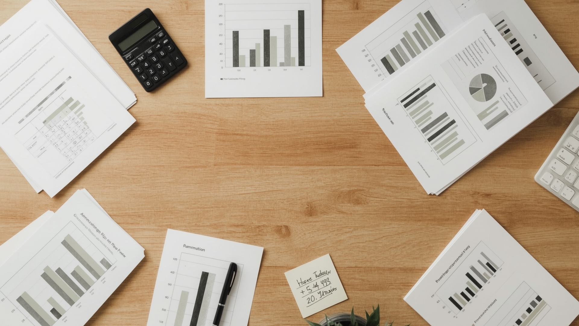 Overhead view of financial documents and calculator used during business credit approval review