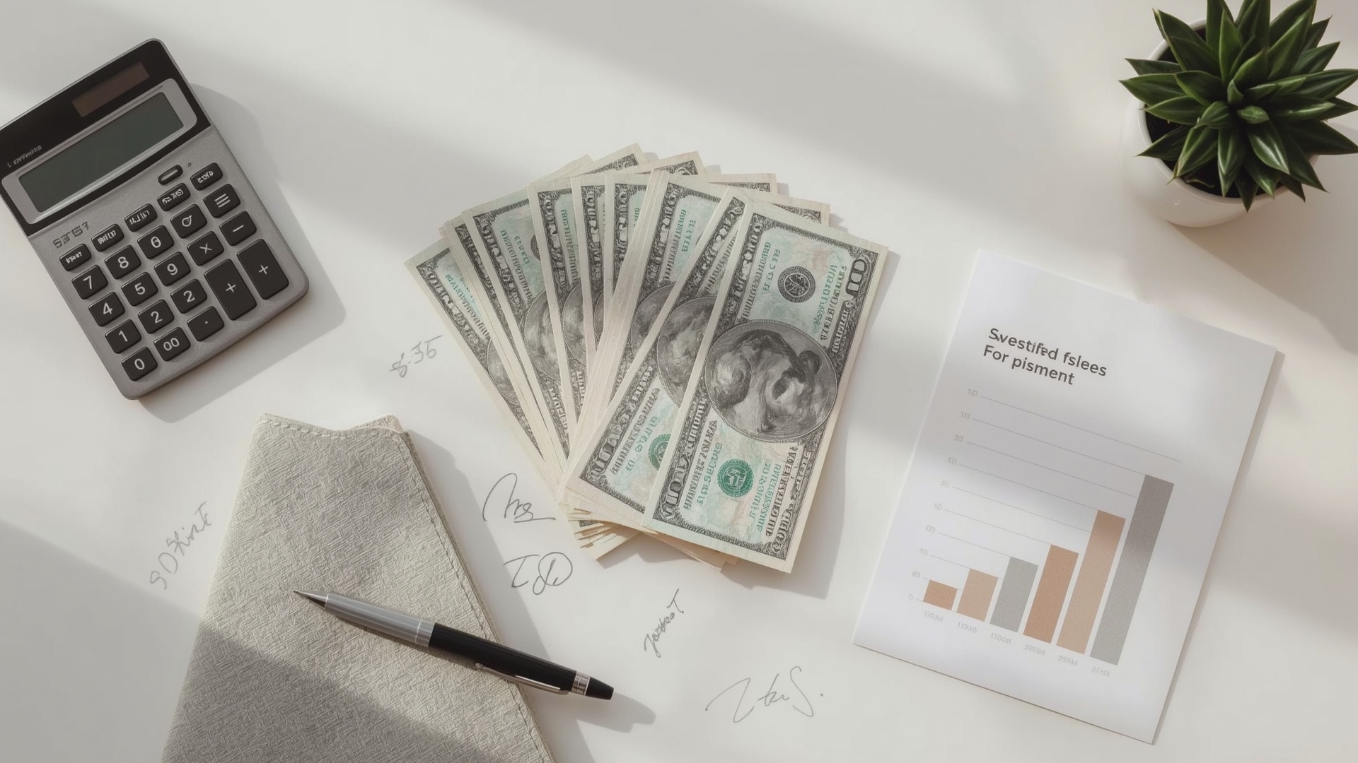 Overhead view of financial planning tools for calculating business loan refinancing costs