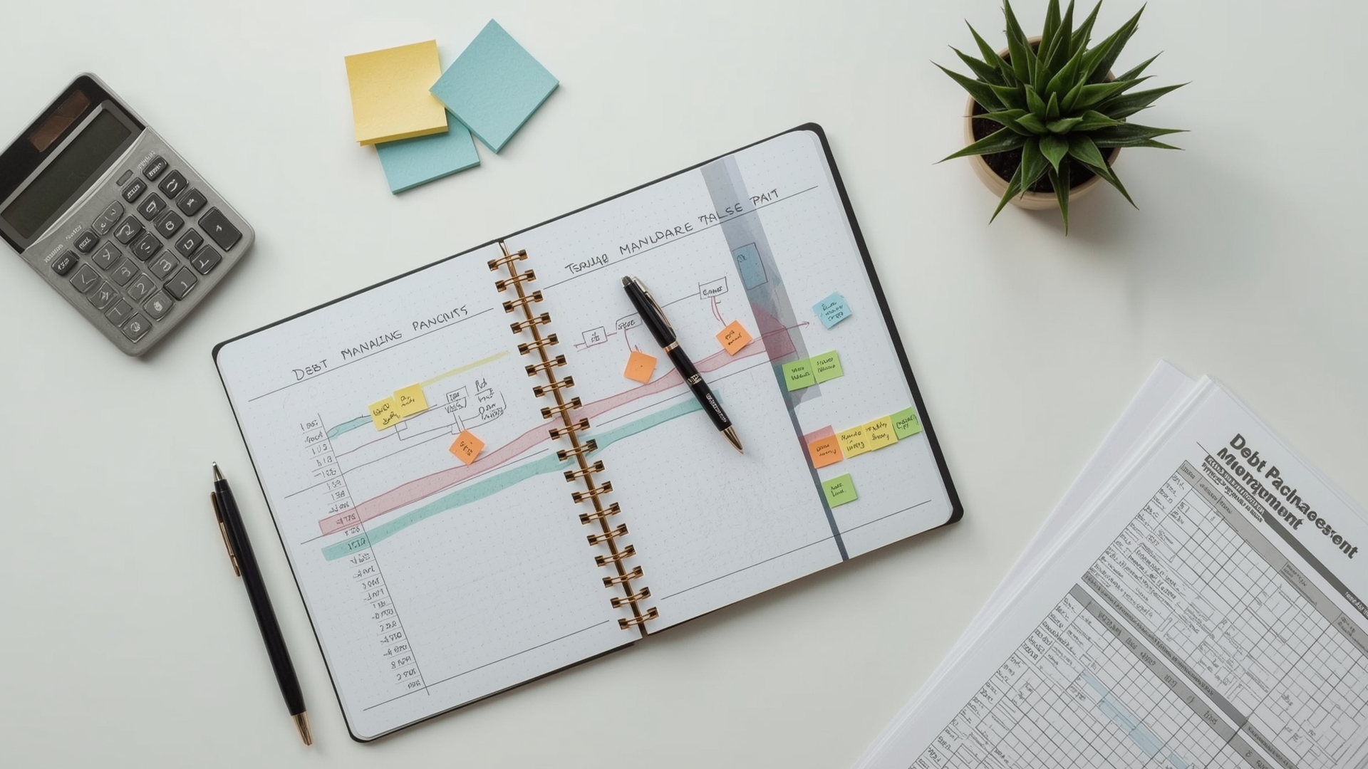 Overhead view of small business debt management plan documents and planning tools on desk