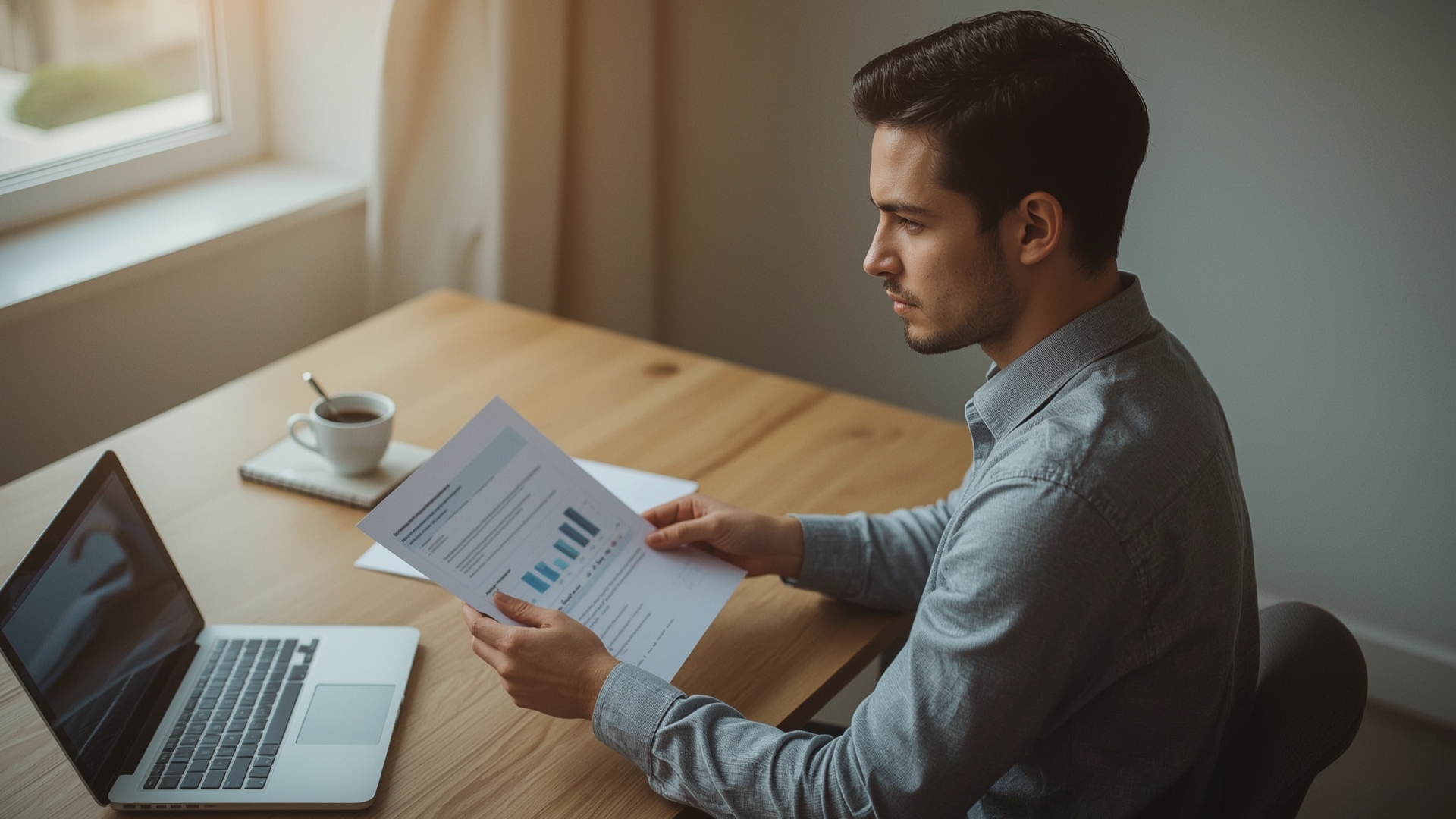 Small business owner carefully reviewing cash flow financial documents at desk