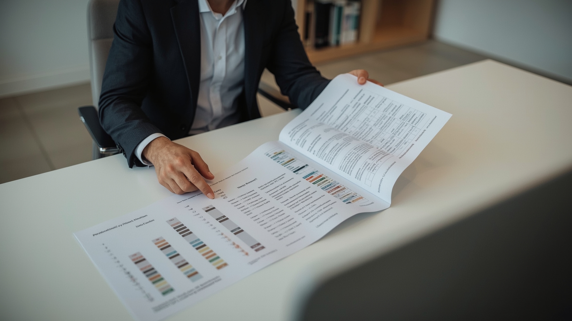 Small business owner carefully reviewing printed financial statements at a modern desk