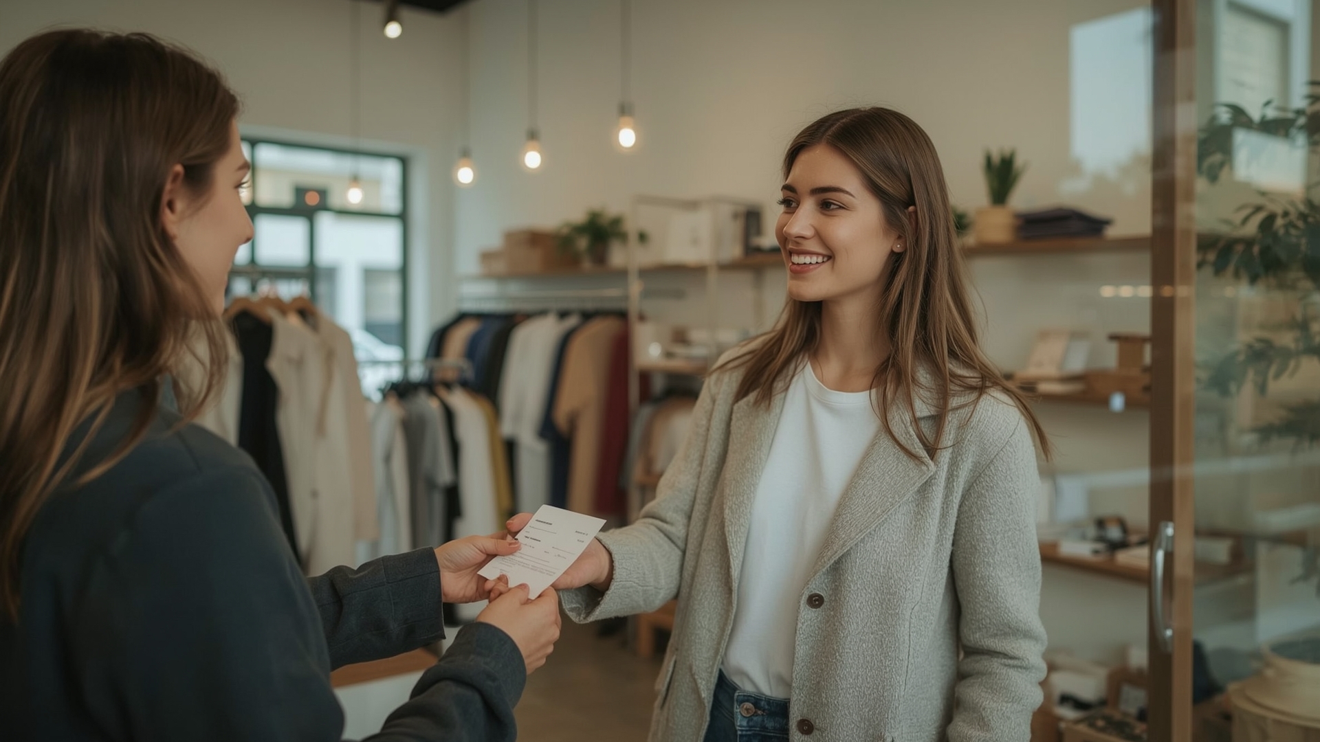 Small business owner completing a customer transaction inside a bright modern boutique shop