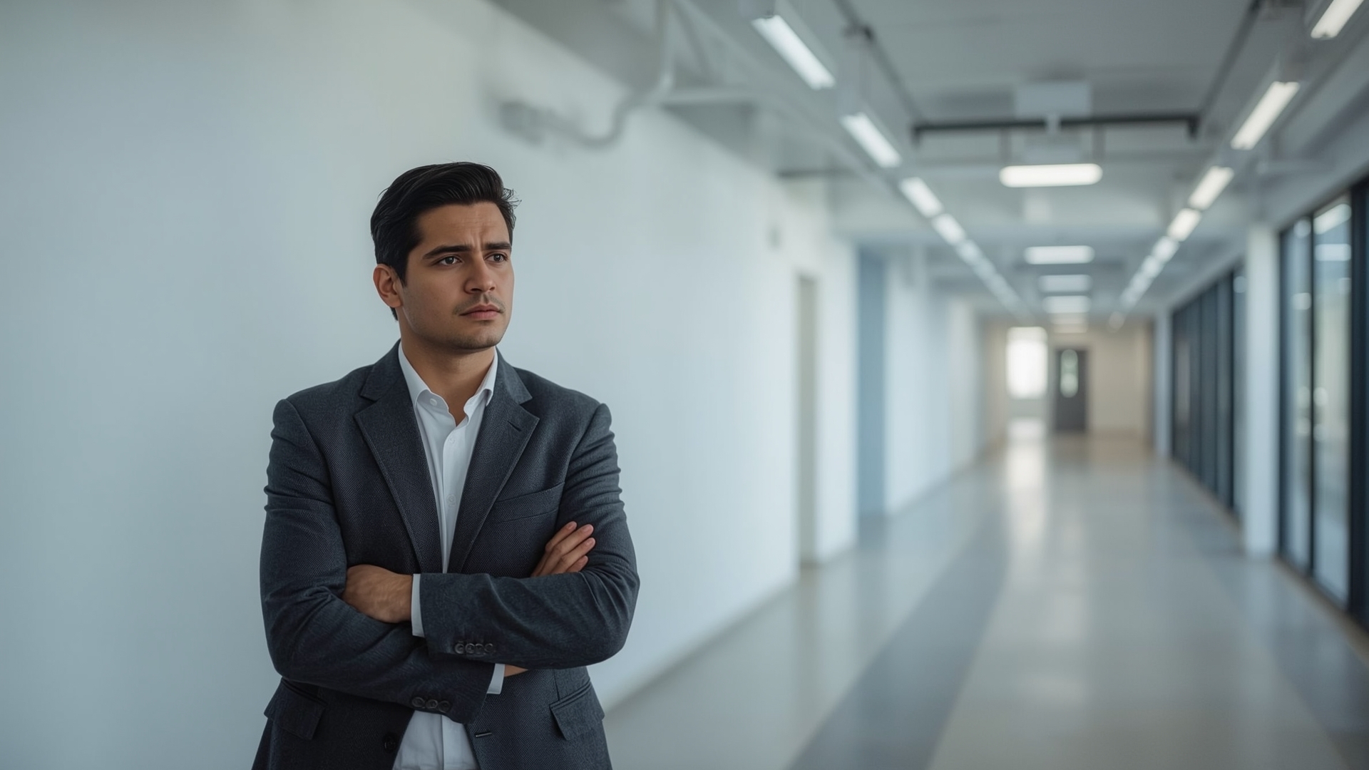 Small business owner reflecting on federal contracting performance challenges in modern office hallway