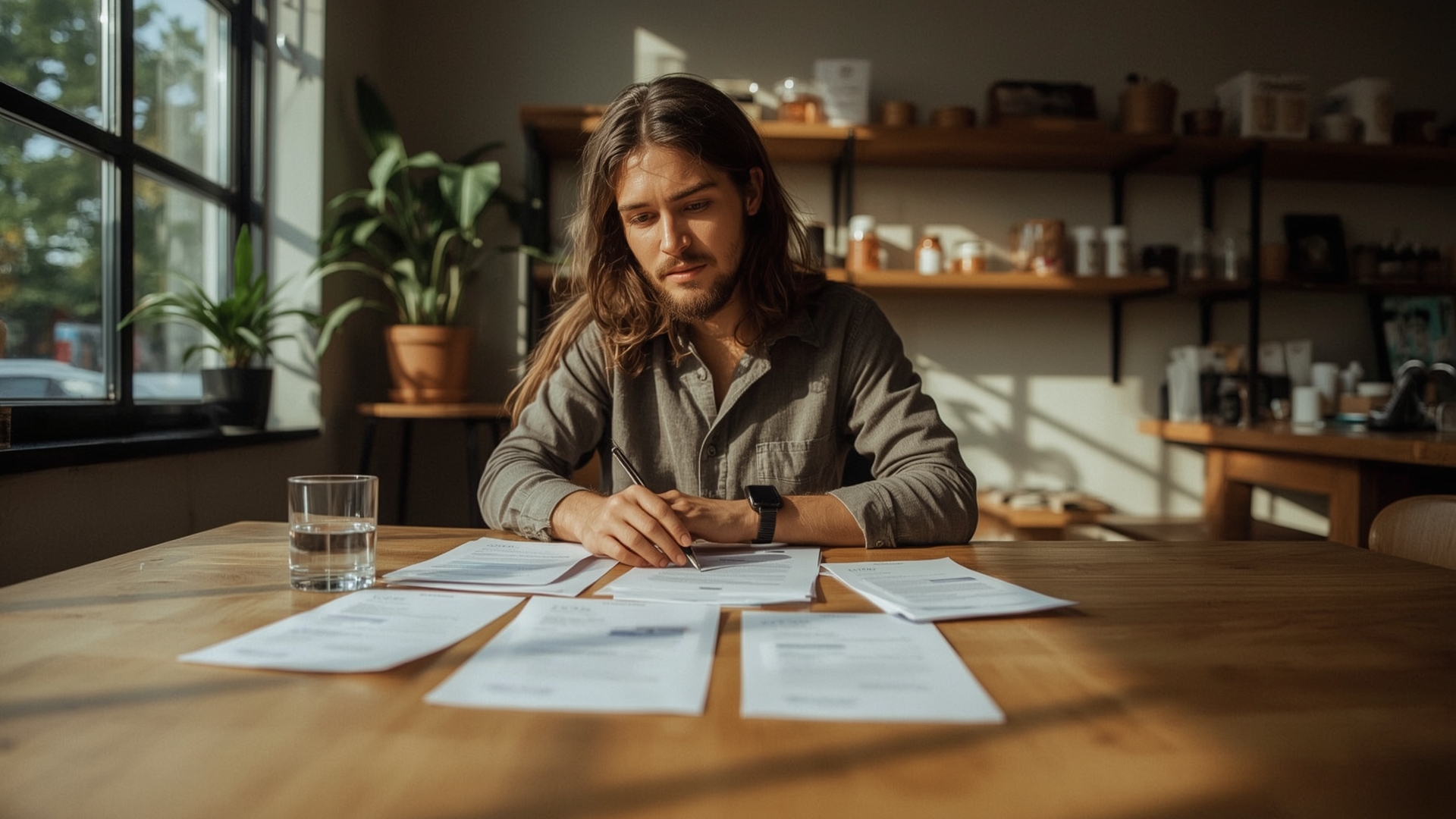 Small business owner reviewing cash flow documents at a wooden desk in a retail shop