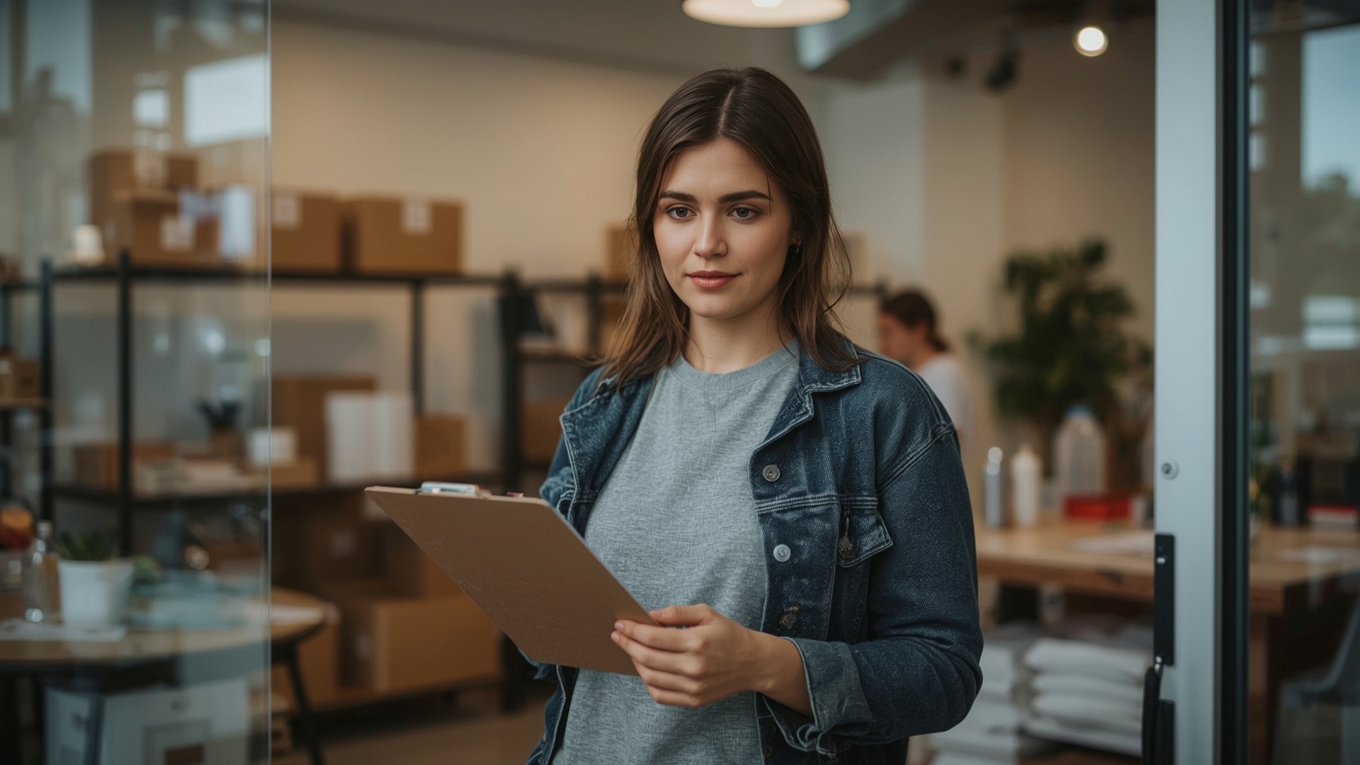 Small business owner reviewing inventory finances inside well-stocked retail shop space