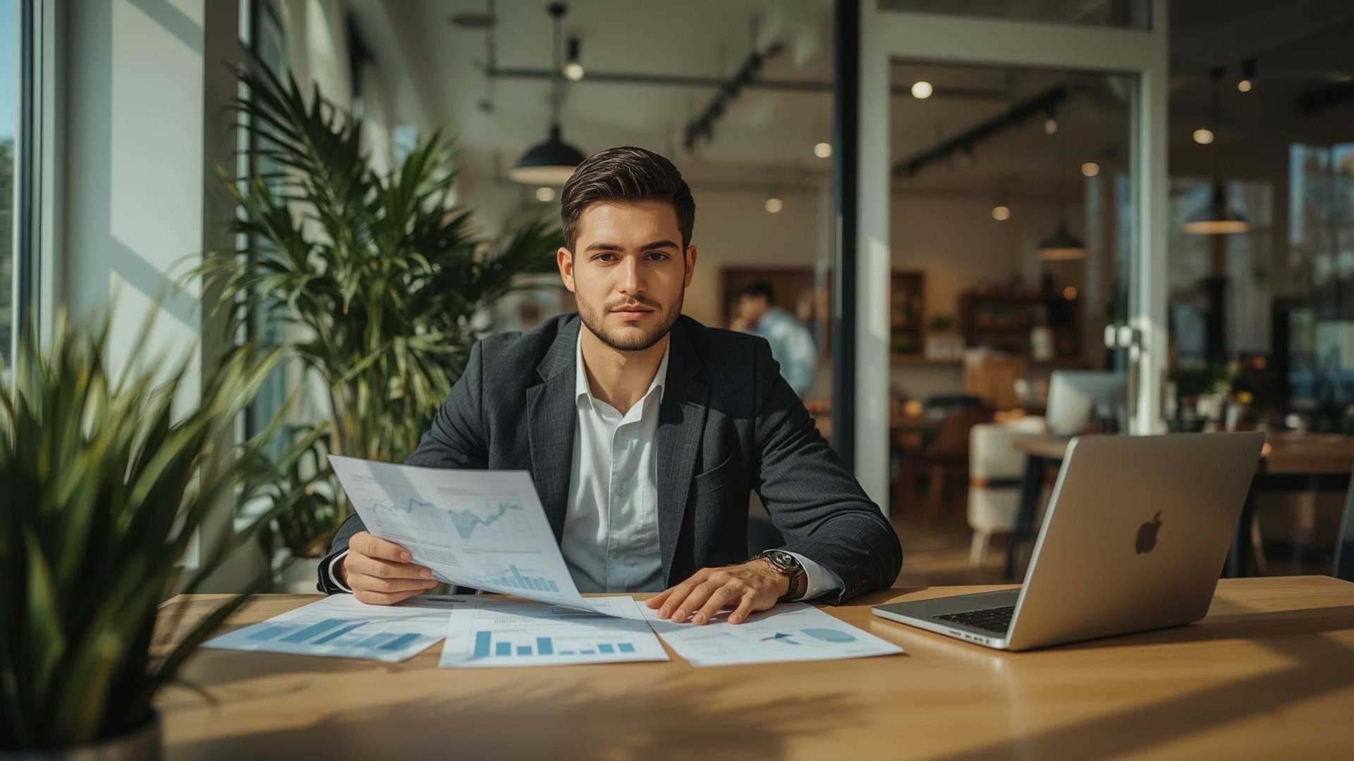 Small business owner reviewing loan refinancing documents at office desk