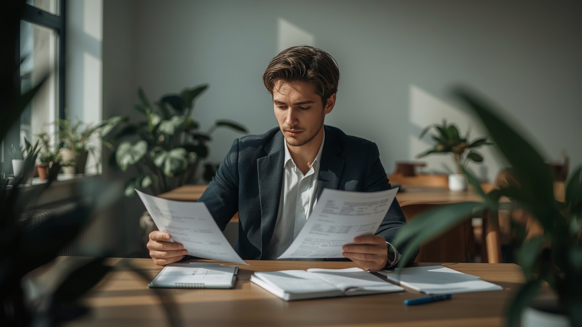 Small business owner reviewing refinancing documents to reduce debt costs at office desk