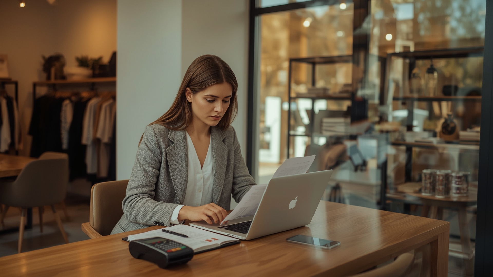 Small business owner setting up merchant services account at shop desk with payment terminal