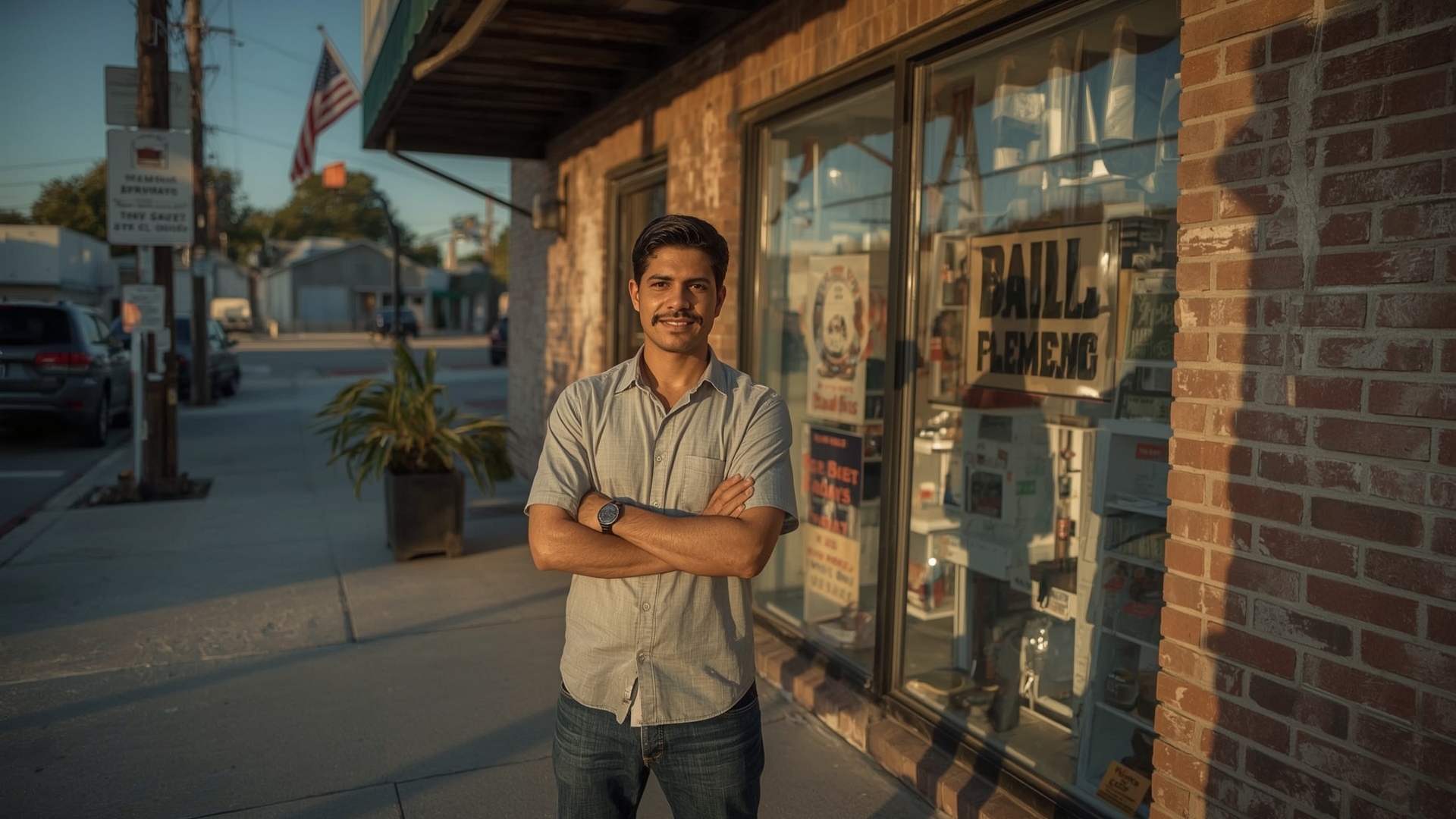 Texas small business owner standing outside storefront in HUBZone certified urban neighborhood