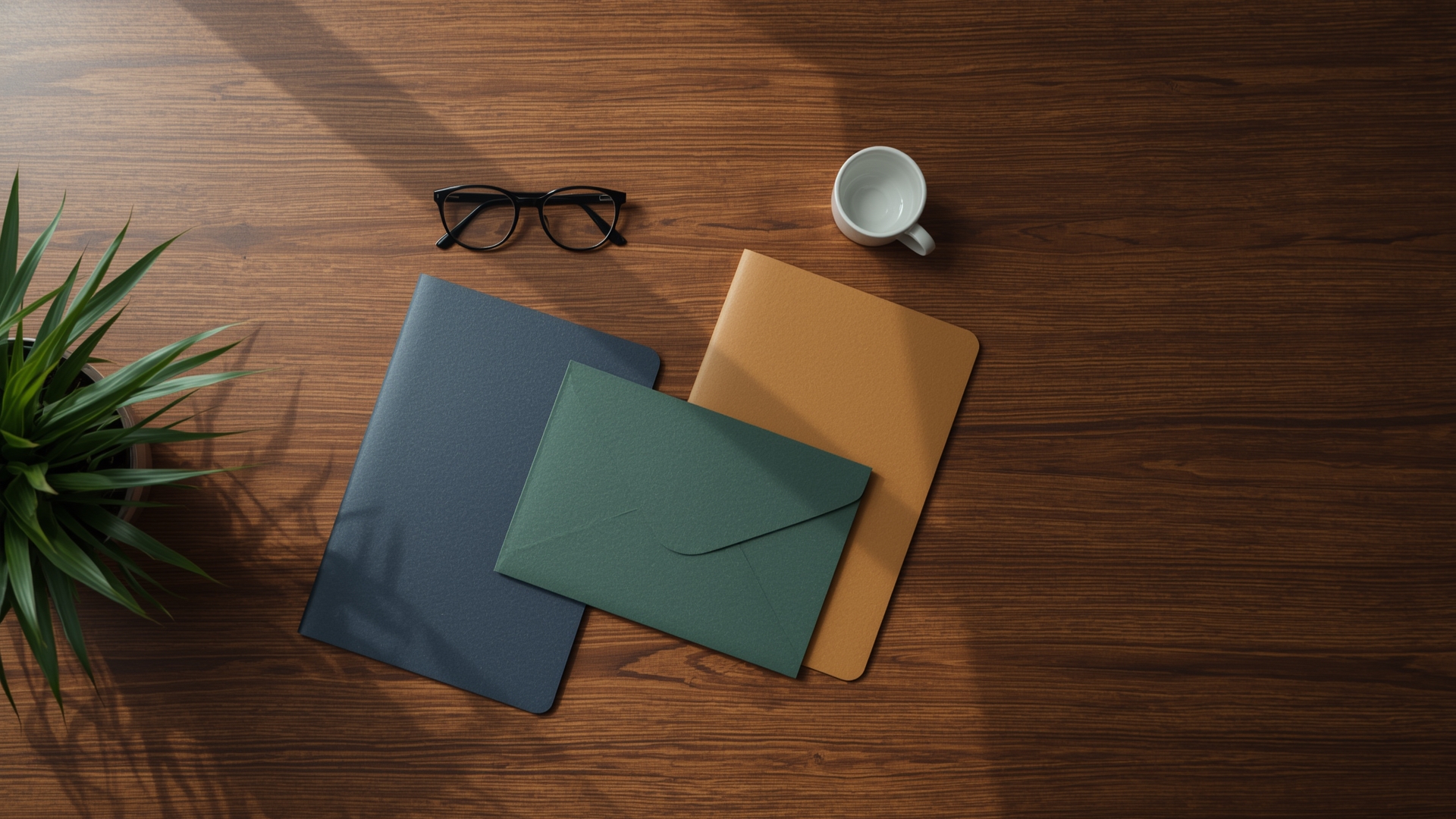 Three financial statement folders arranged on a small business owner's desk