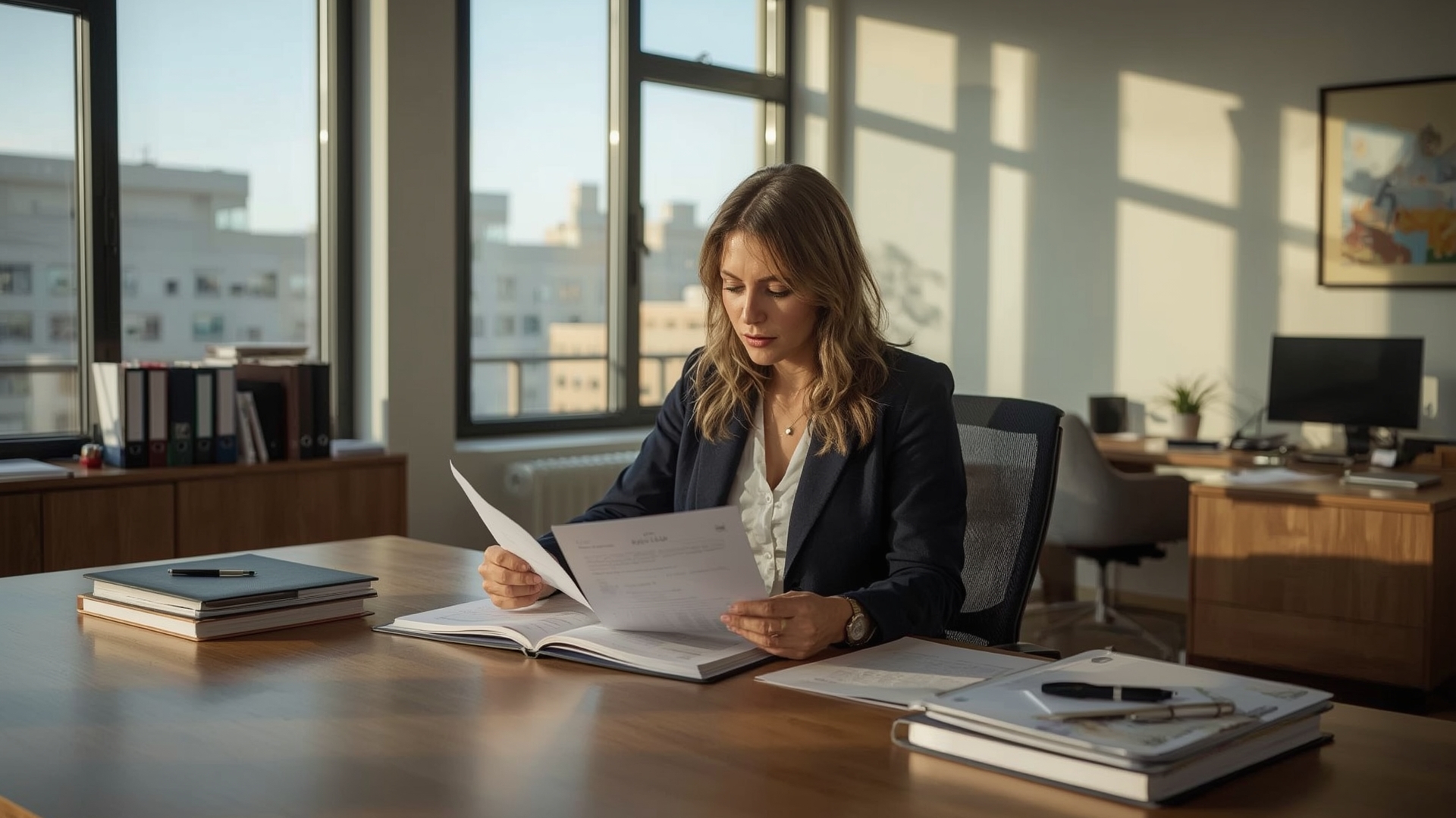 Woman business owner reviewing WOSB certification qualification documents at Texas office desk